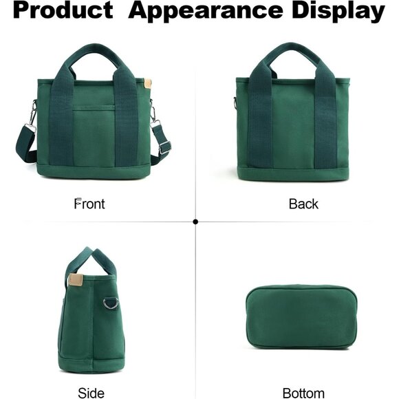 Women's Dark Green Canvas Tote Bag With Multi Pockets Shoulder Bags With Zipper - Picture 3 of 6